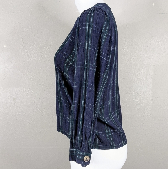 Zara Tartan Plaid Blue Green Balloon Sleeve Keyhole Back Top Academia - Picture 6 of 9